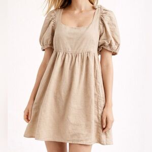 Altar'd State Tan Puff Short Sleeve Tie Open Back Mini Dress Size XS